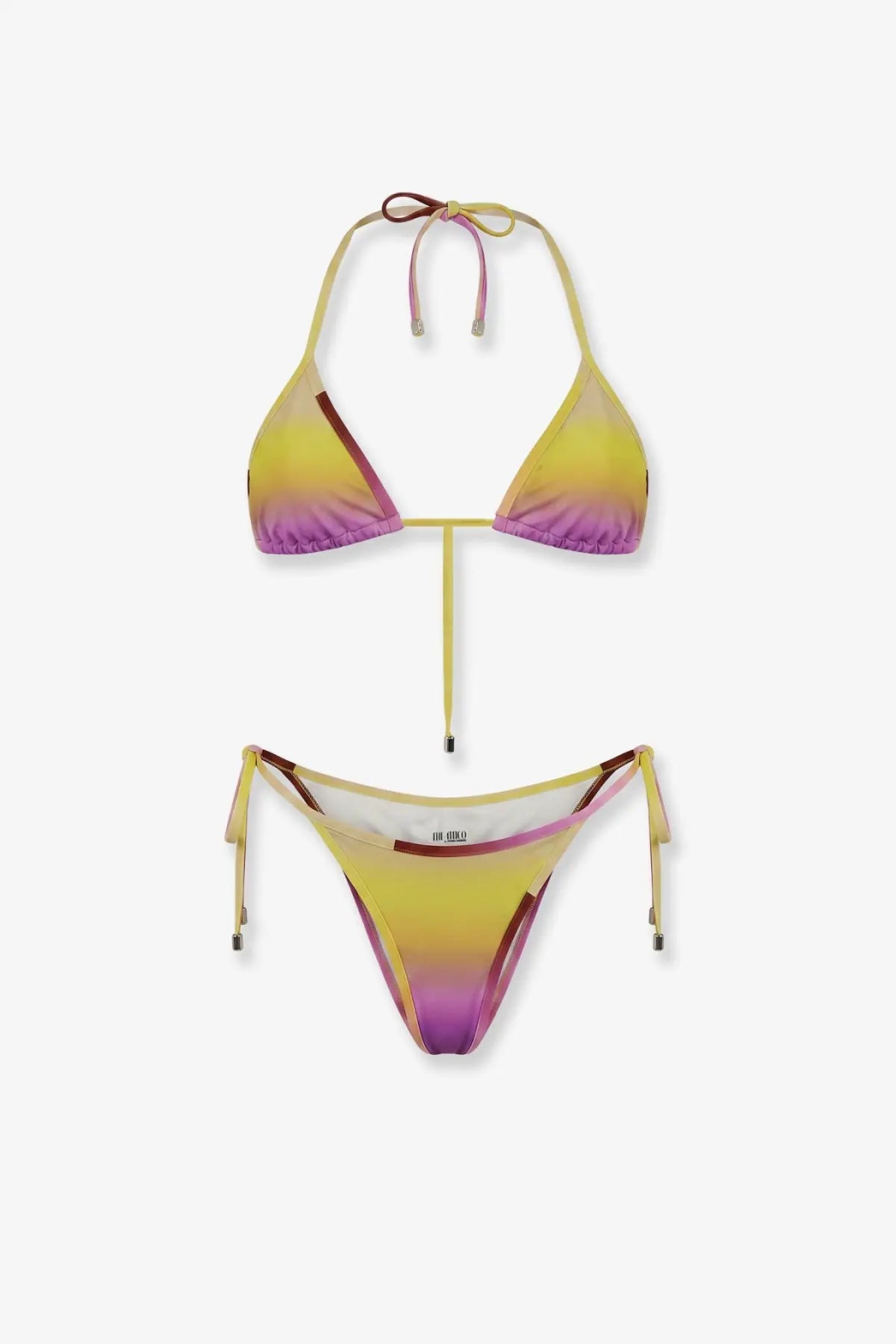 The attico women’s primo bagno lycra bikini set with yellow to purple ombre gradient and adjustable thin straps