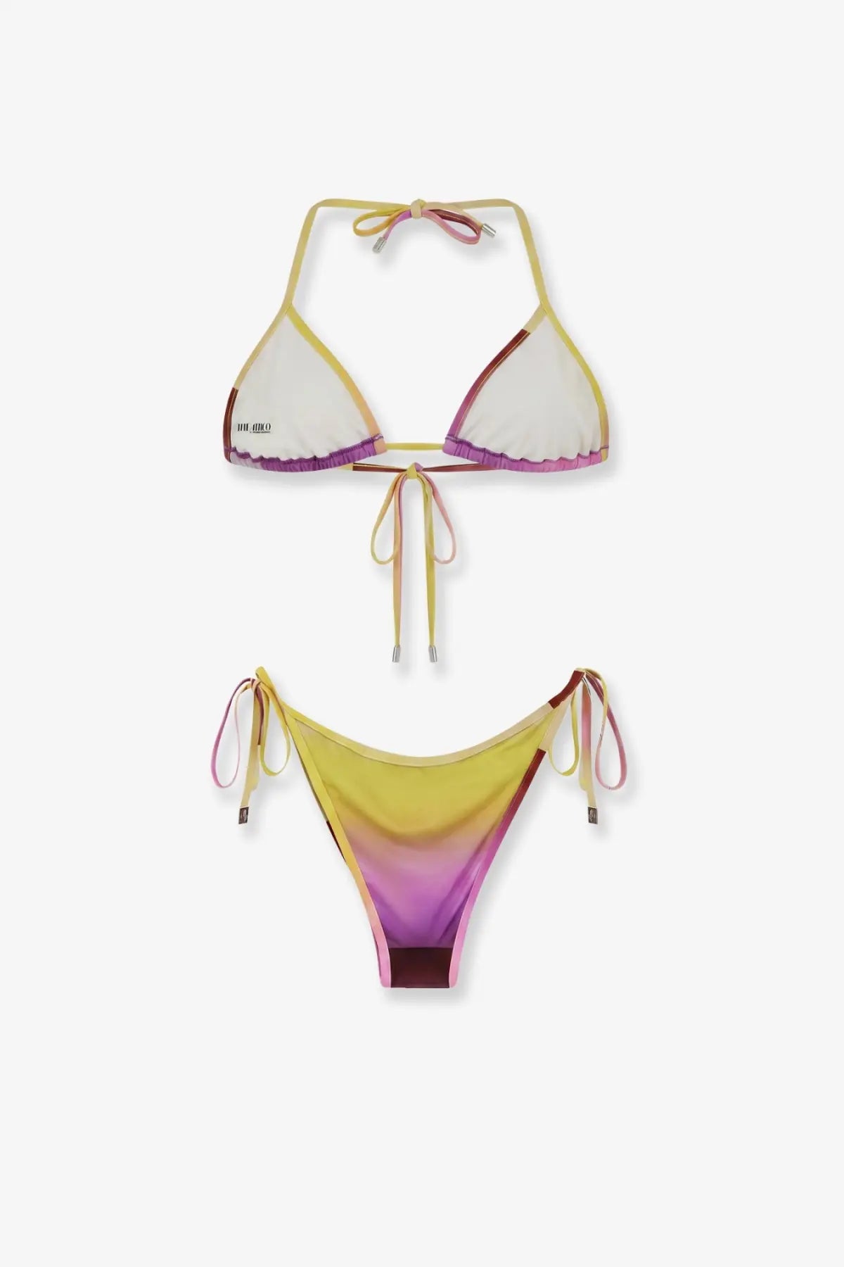 The Attico womens Primo Bagno lycra bikini gold features a vibrant gradient halter top and high-cut bottoms in yellow purple and pink hues
