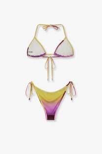The Attico womens Primo Bagno lycra bikini gold features a vibrant gradient halter top and high-cut bottoms in yellow purple and pink hues