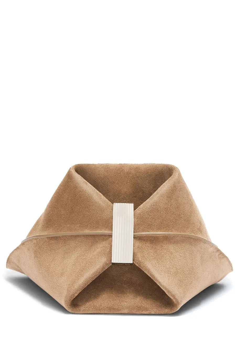 The attico women’s the scoop bag brown tan suede clutch with white rectangular clasp front view