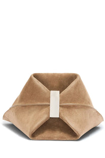 The attico women’s the scoop bag brown tan suede clutch with white rectangular clasp front view