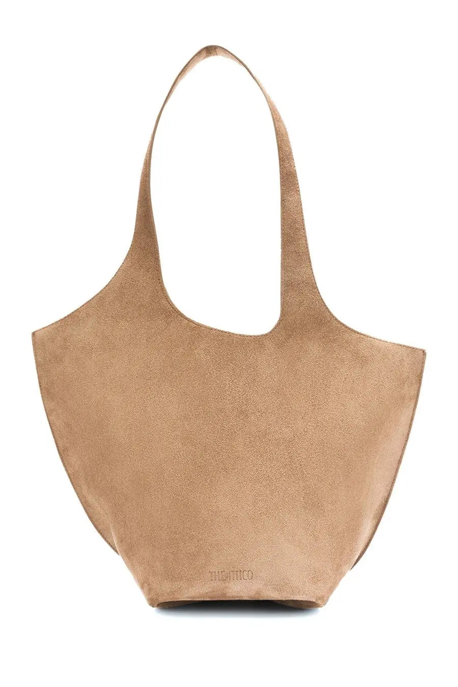 The Attico women’s the scoop bag brown is a tan suede tote bag with minimalist design and subtle embossed brand name