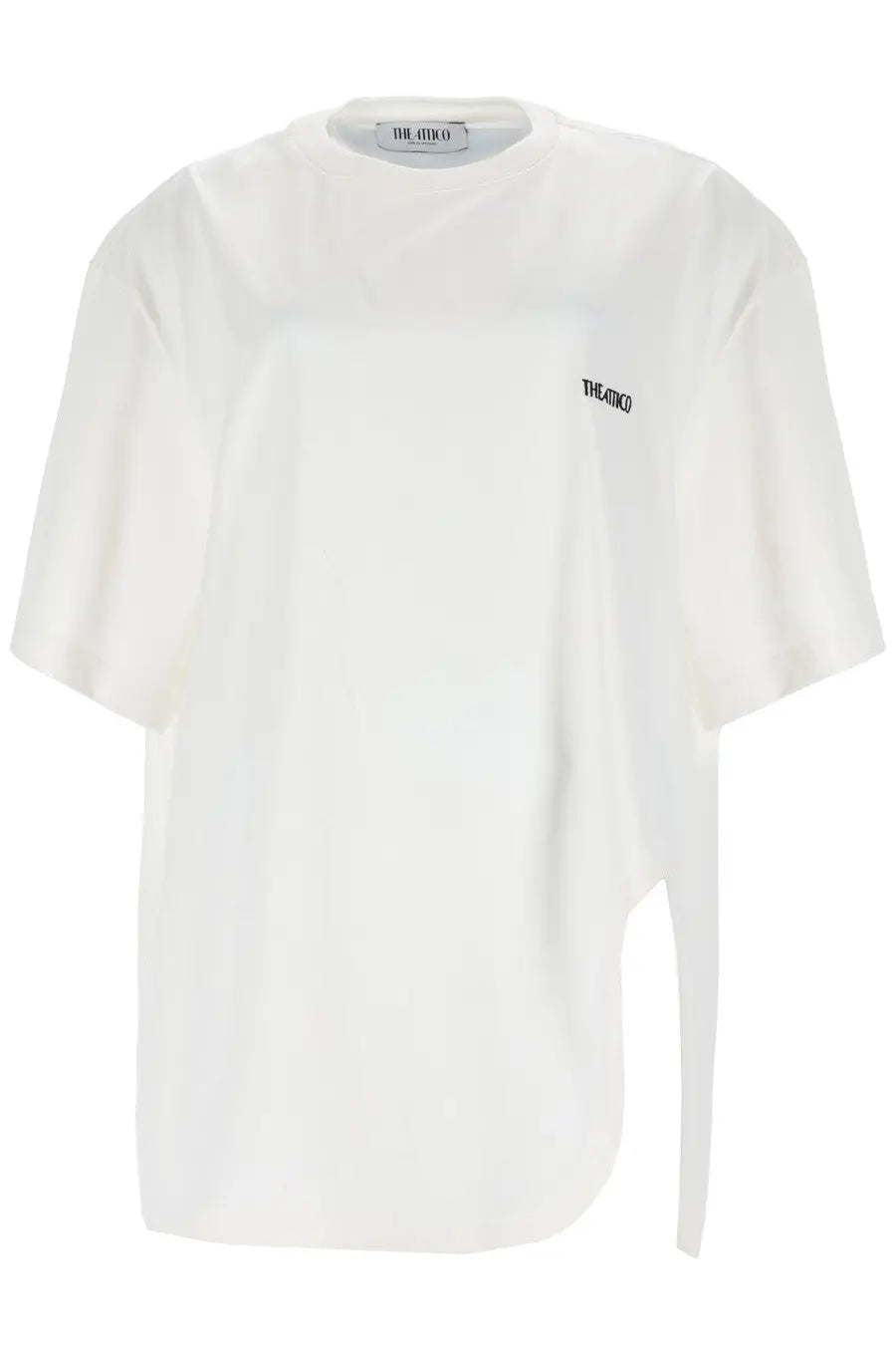 The Attico women’s white oversized t-shirt with a subtle asymmetrical side slit and minimalist black embroidery branding