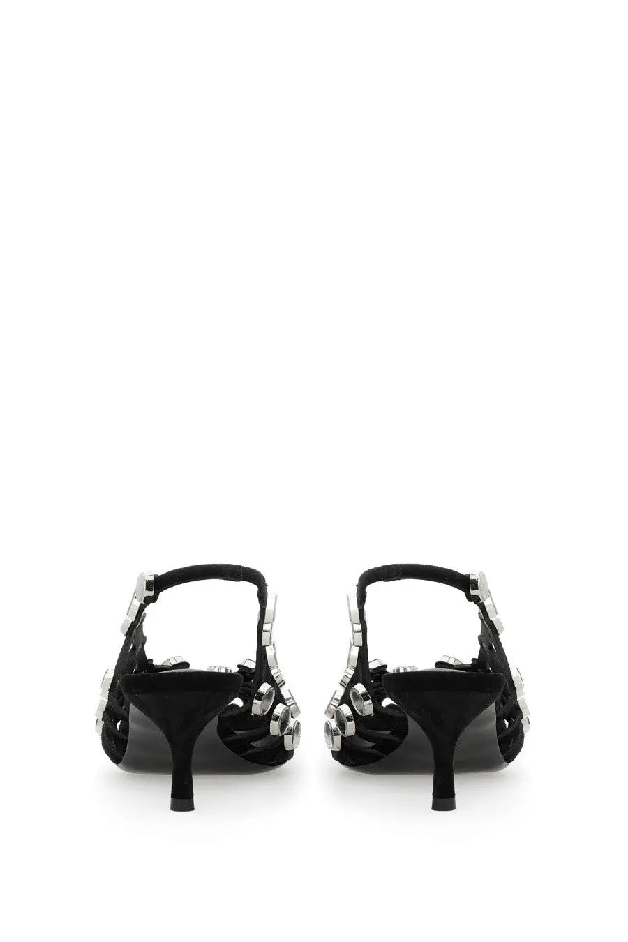 The Attico women’s slingback grid black patent leather heels with silver circular embellishments on sides and ankle strap