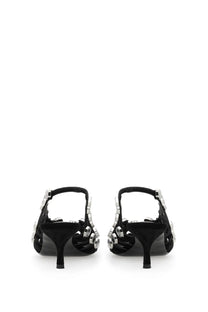 The Attico women’s slingback grid black patent leather heels with silver circular embellishments on sides and ankle strap