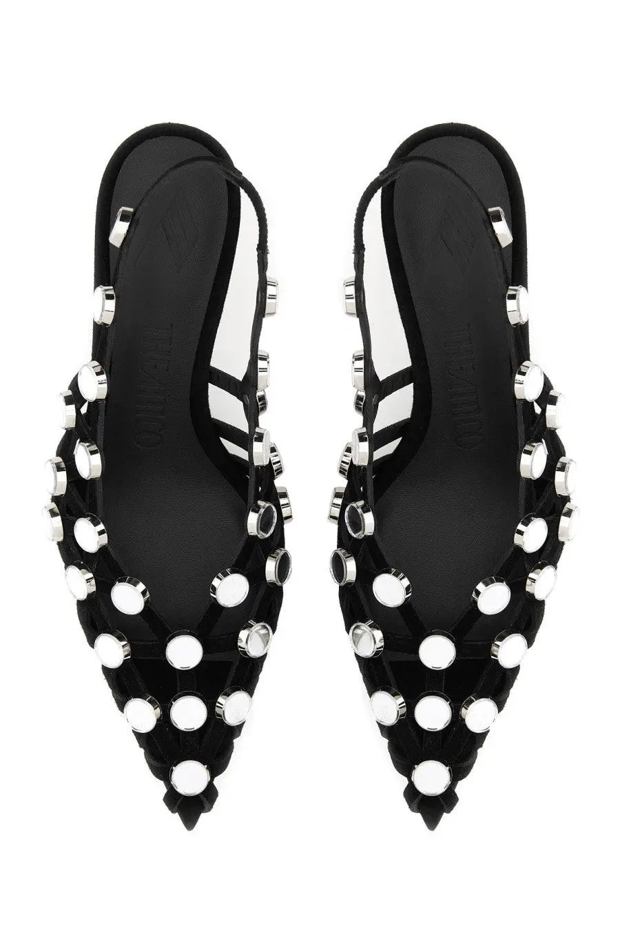 The Attico women’s slingback grid black flats with pointed toes and silver-toned circular studs on the sides