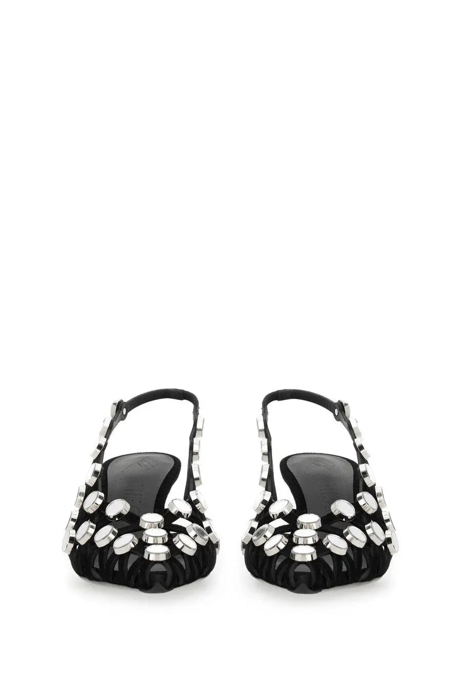 The Attico women’s black satin slingback sandals with silver-toned circular metallic studs on strap and toe