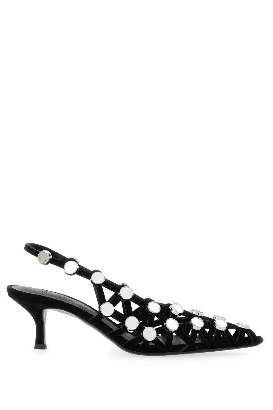 The Attico women’s slingback grid black in black suede with silver circular studs in a geometric pattern