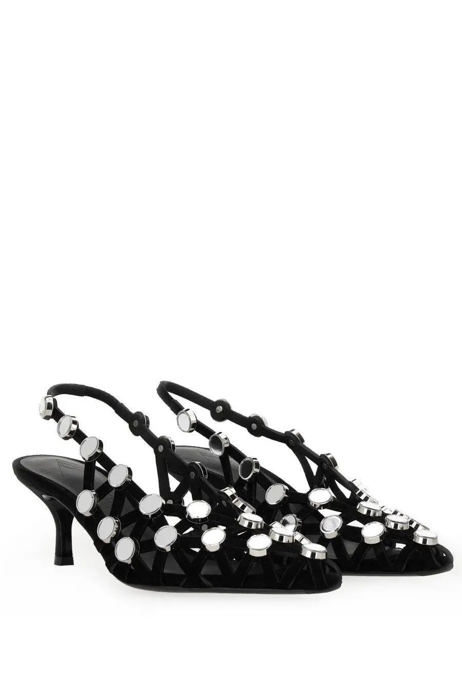The Attico women’s slingback grid black velvet heels with silver circular studs and a low heel