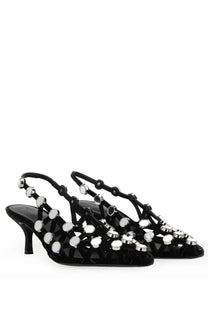 The Attico women’s slingback grid black velvet heels with silver circular studs and a low heel