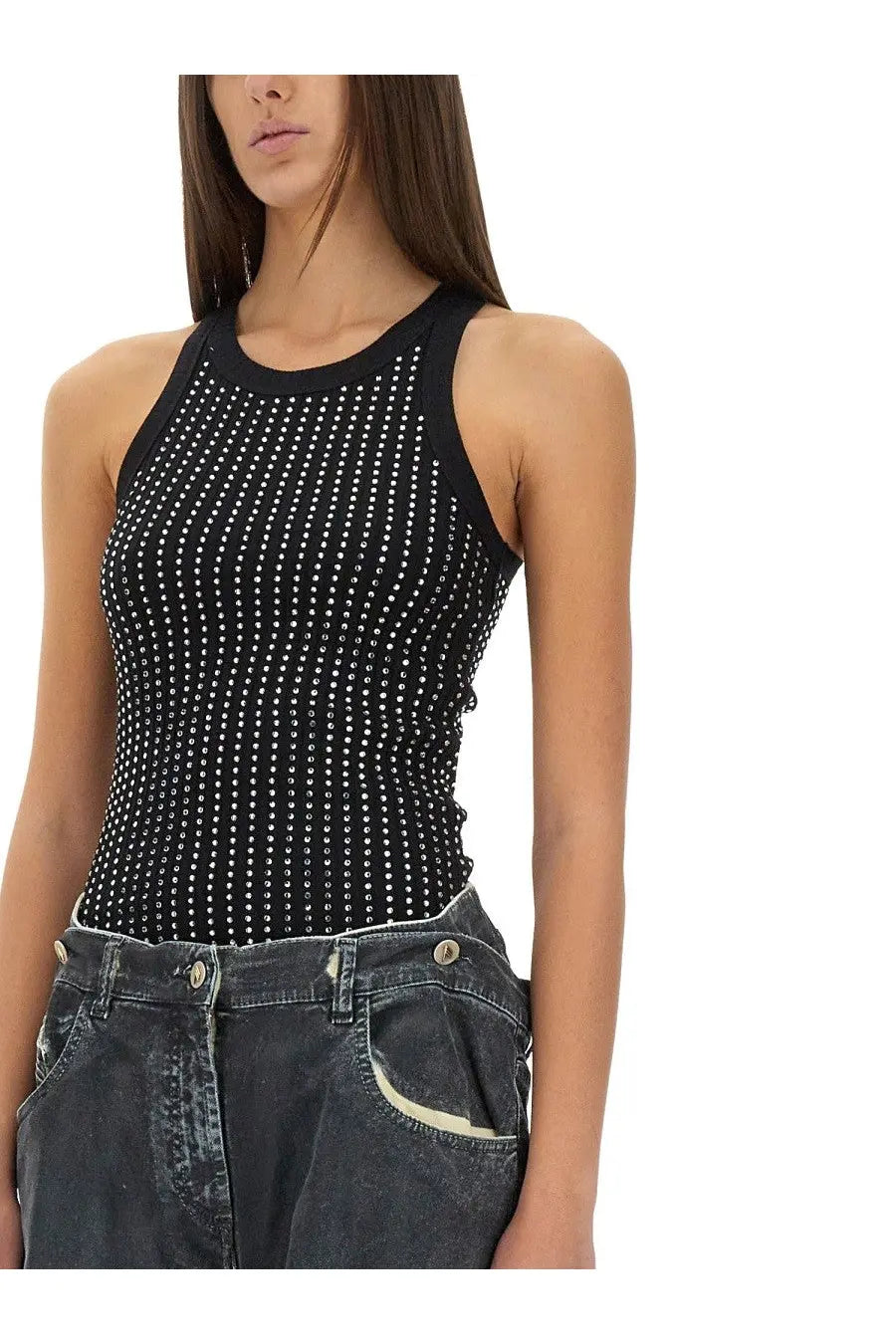 The Attico women’s black sleeveless tank top features a dense pattern of silver studs on a sleek fabric