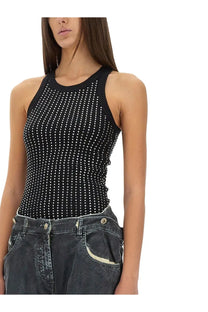 The Attico women’s black sleeveless tank top features a dense pattern of silver studs on a sleek fabric