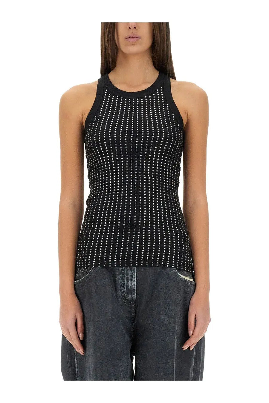 The Attico women’s black sleeveless tank top features textured knit fabric with white studs evenly spaced on the front