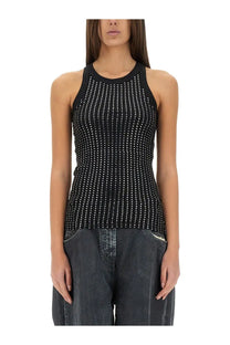 The Attico women’s black sleeveless tank top features textured knit fabric with white studs evenly spaced on the front