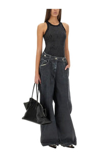 The Attico women’s black studded tank top features a fitted sleeveless design with a round neckline