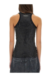 The Attico women’s black racerback tank top features silver rhinestone studs in a grid pattern on the back side