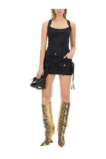 Black denim mini skirt by the attico with multiple pockets and side ties for women