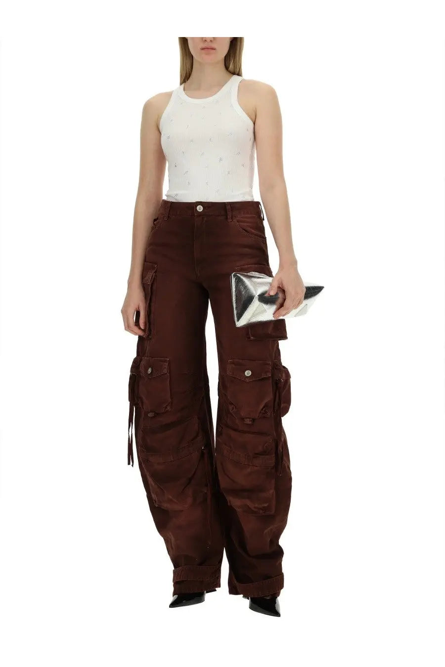 Brown cargo pants with multiple pockets and relaxed wide-leg fit paired with the attico women’s white tops