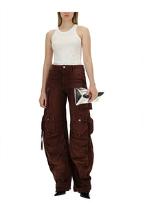 Brown cargo pants with multiple pockets and relaxed wide-leg fit paired with the attico women’s white tops