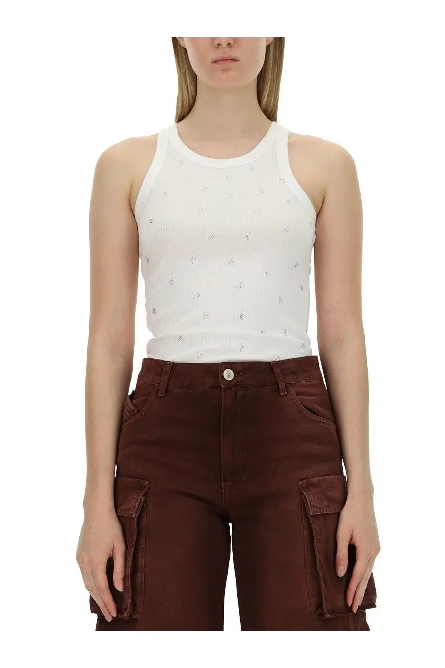 White racerback tank top with subtle silver logo print from the attico womens tops white collection