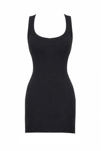 The attico women’s viscose blend mini dress in black features a sleeveless bodycon fit with a square neckline