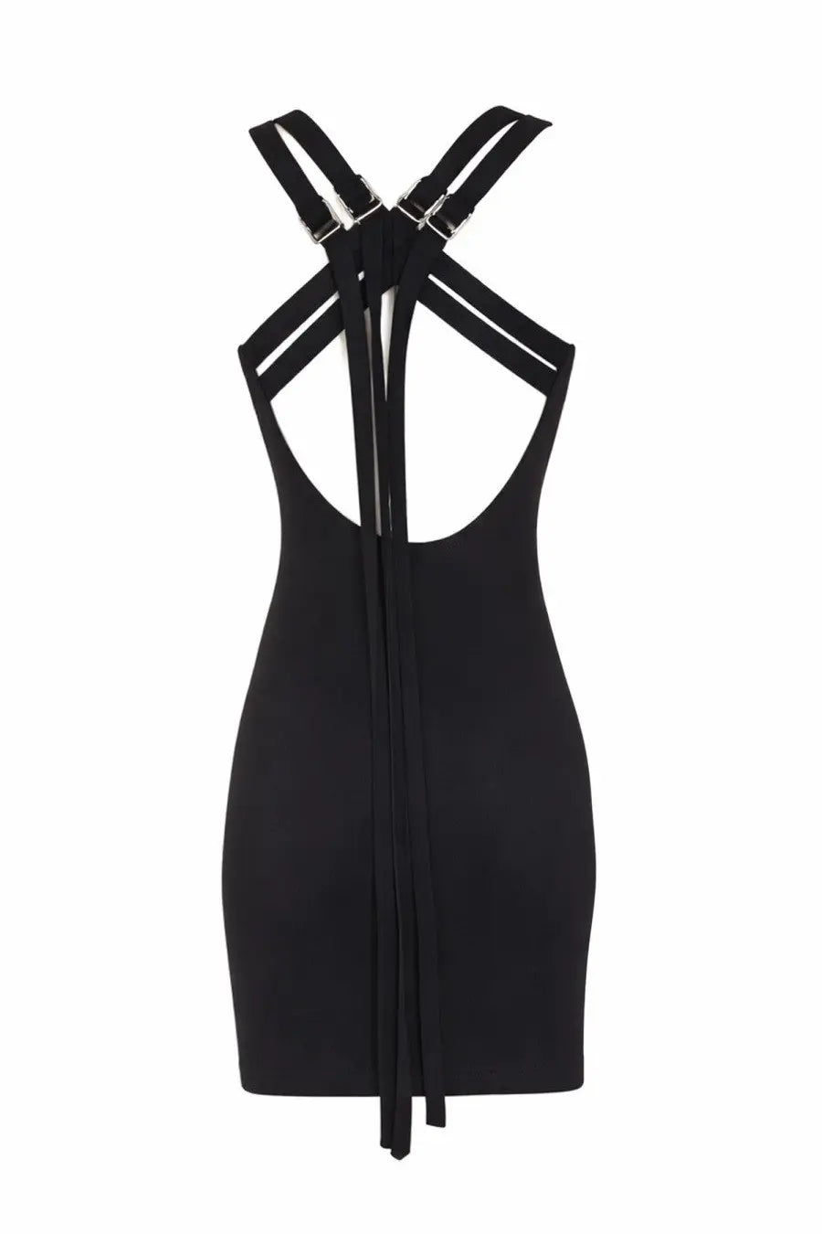 The attico women’s black viscose blend sleeveless mini dress with back strap design and silver toned metal buckles shown from back