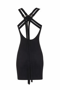The attico women’s black viscose blend sleeveless mini dress with back strap design and silver toned metal buckles shown from back