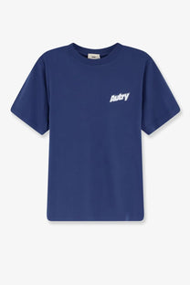 Navy blue autry men’s short-sleeved cotton jersey shirt with white logo on left chest for casual wear