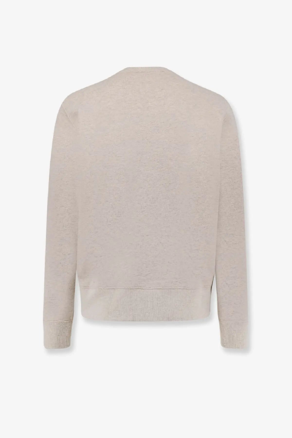 Beige knit sweater with ribbed cuffs and hem shown with autry men’s grey cotton sweatshirt in the background