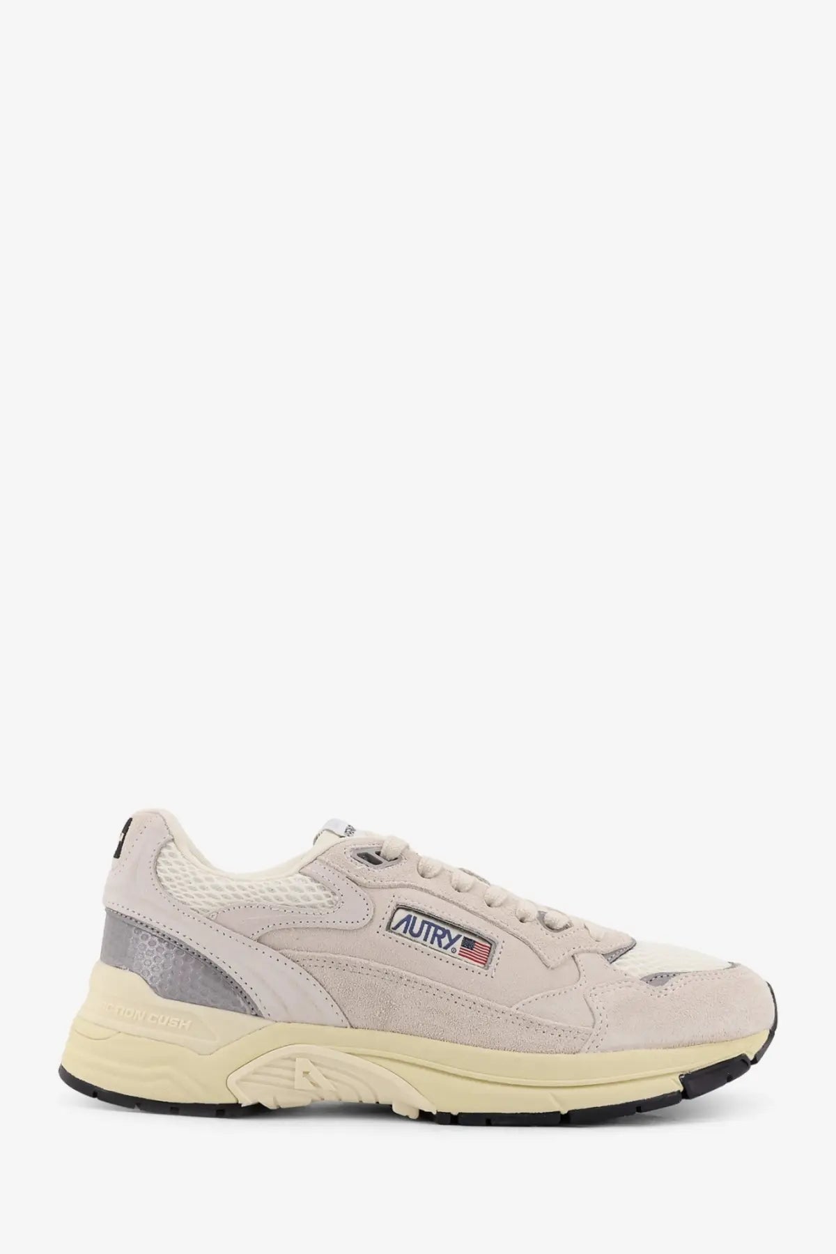 Autry men’s Hyperway Low low top sneaker in beige suede and mesh with gray accents and nutry logo patch on the side
