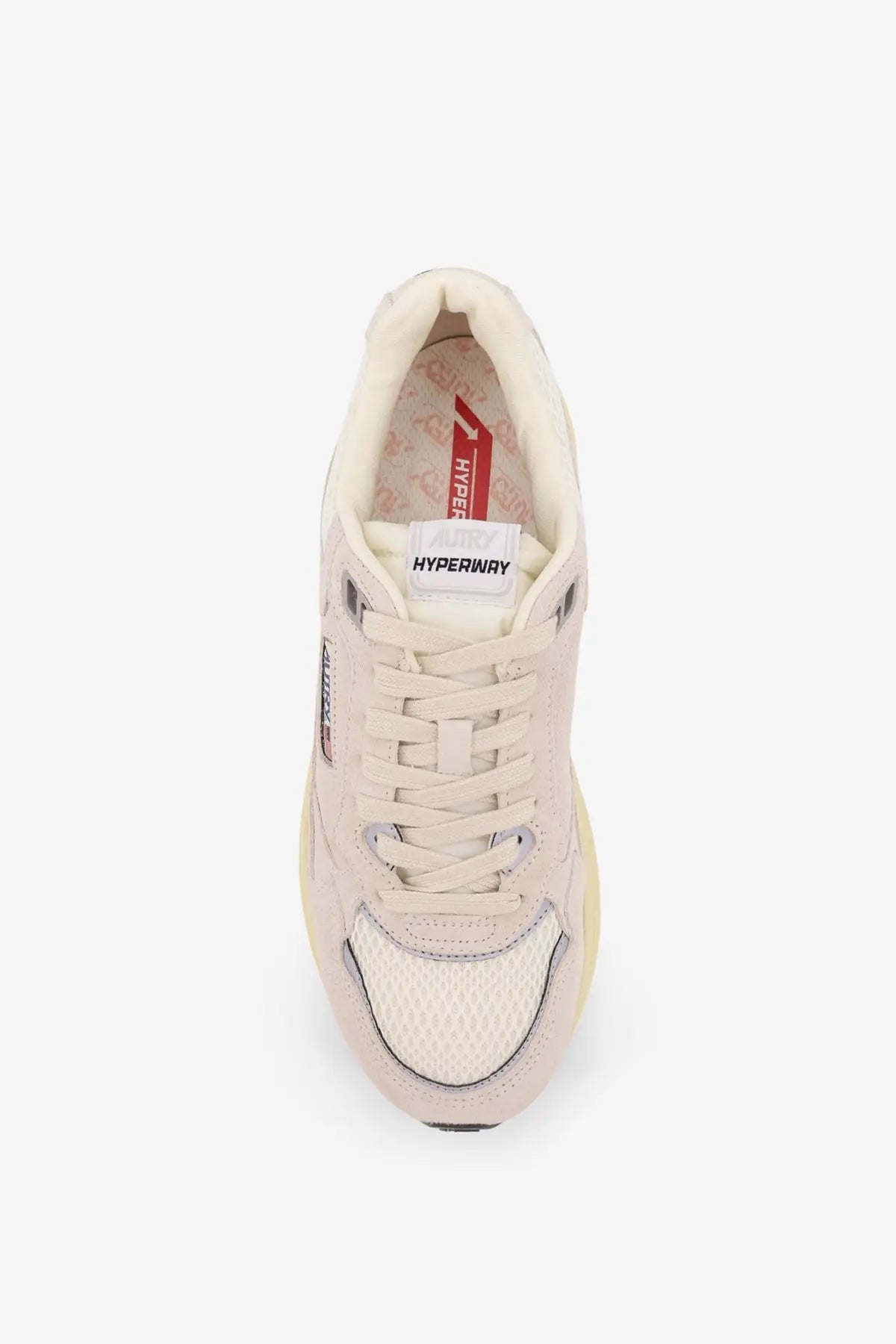 Autry men’s hyperway low top sneaker in cream with mesh and suede upper white laces and thick rubber sole