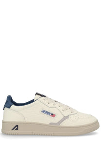Autry men’s medalist low sneaker beige cream leather with navy accents gray stripe and embroidered autry logo on side