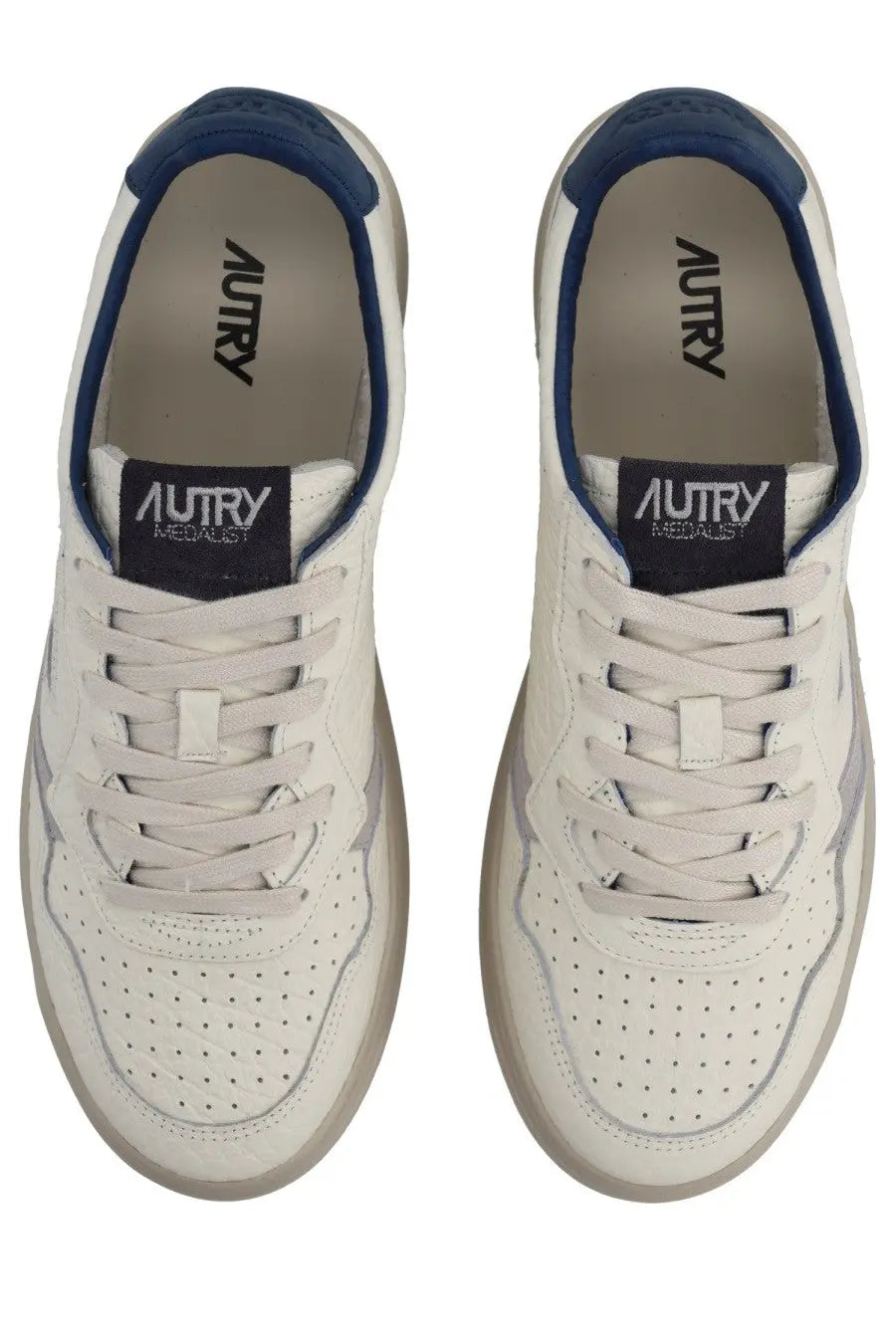 Autry men’s medalist low sneaker beige white leather with navy blue accents and perforated detailing