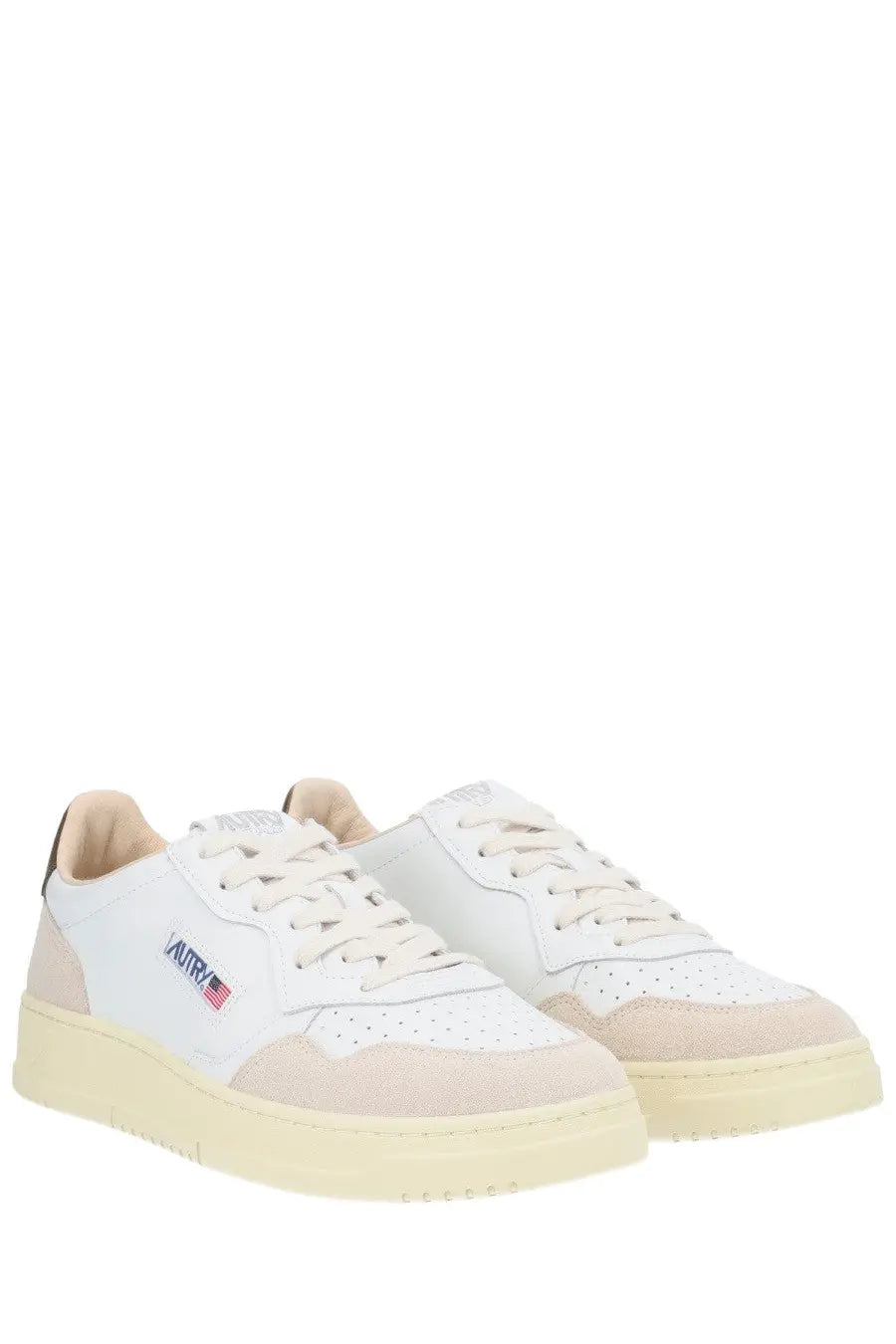 Autry men’s Medalist low sneaker in white and beige suede and leather with perforated toe and embroidered logo near heel