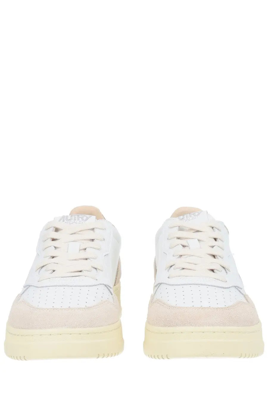 Autry men’s Medalist low sneaker in white and beige suede with perforated leather for casual wear