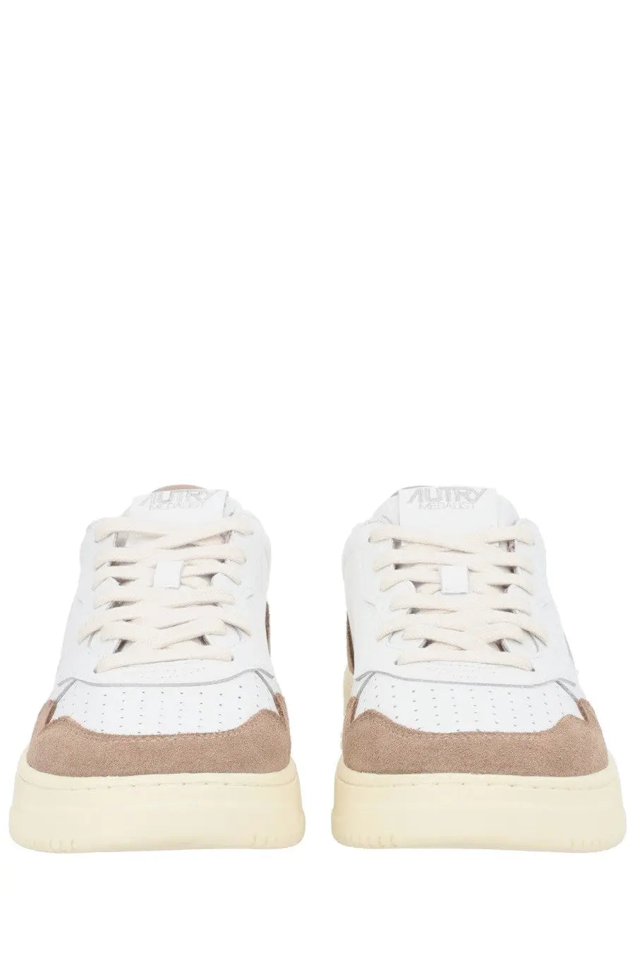 Autry men’s Medalist low sneaker in white and beige with perforated leather and suede accents on cream sole