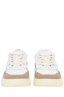 Autry men’s Medalist low sneaker in white and beige with perforated leather and suede accents on cream sole