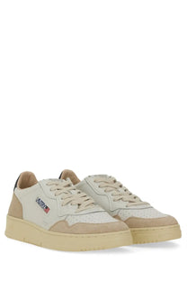 Autry men’s medalist low sneaker in beige and cream suede and leather with a chunky rubber sole