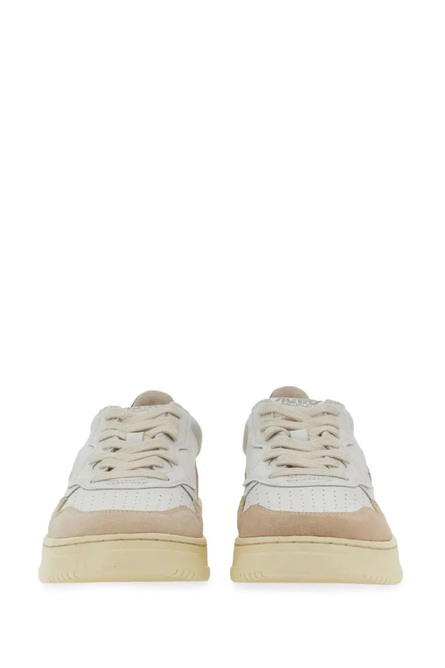 Autry men’s medalist low sneaker white with beige cream perforated leather uppers suede accents and rubber sole