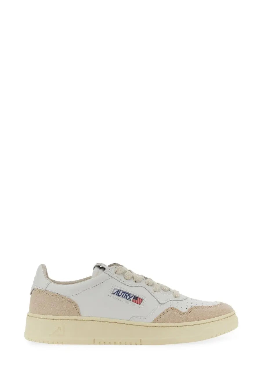 Autry men’s medalist low sneaker white leather with beige accents and perforated toe box featuring logo patch