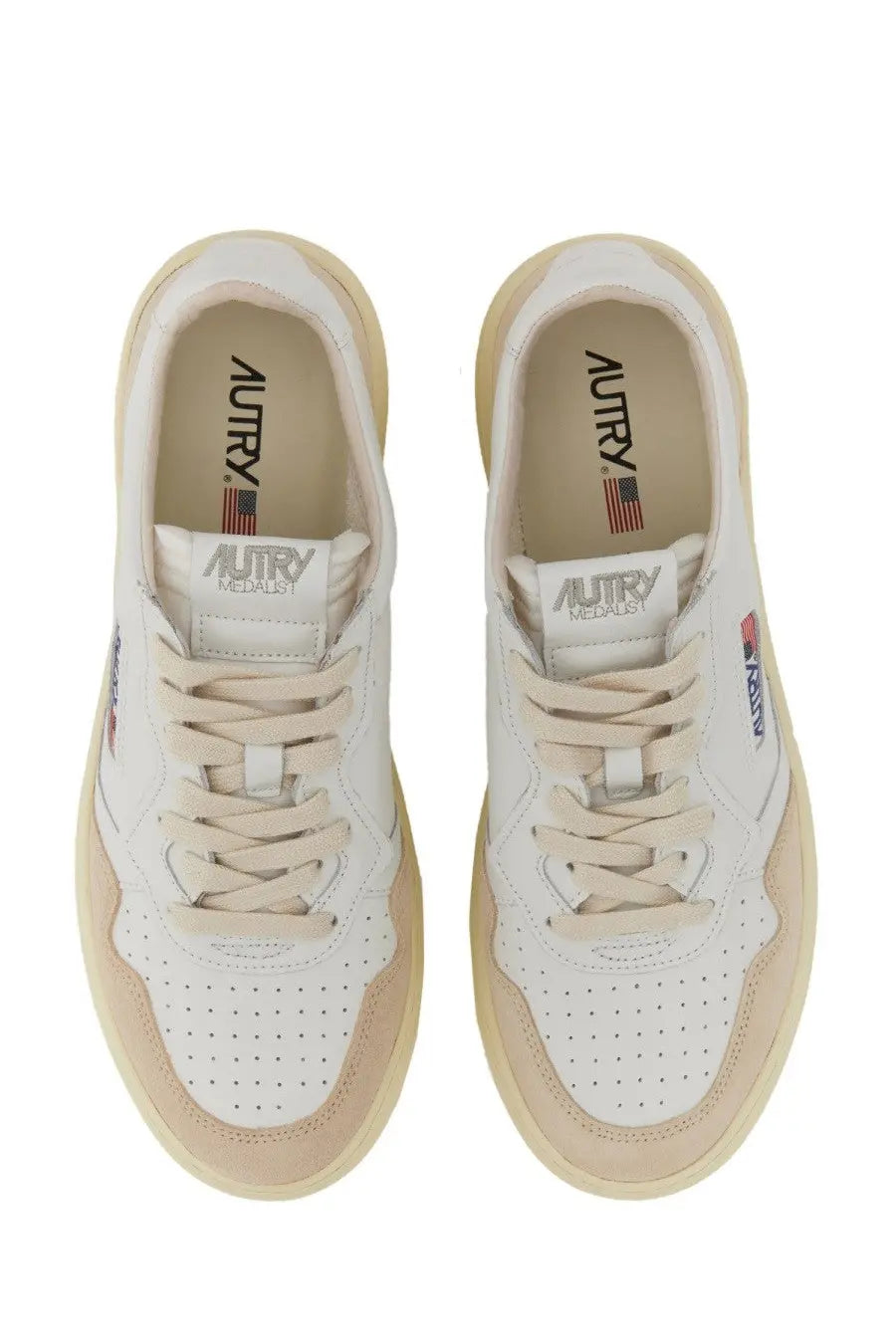 Autry men’s medalist low sneaker in white and beige with perforated leather uppers and suede accents