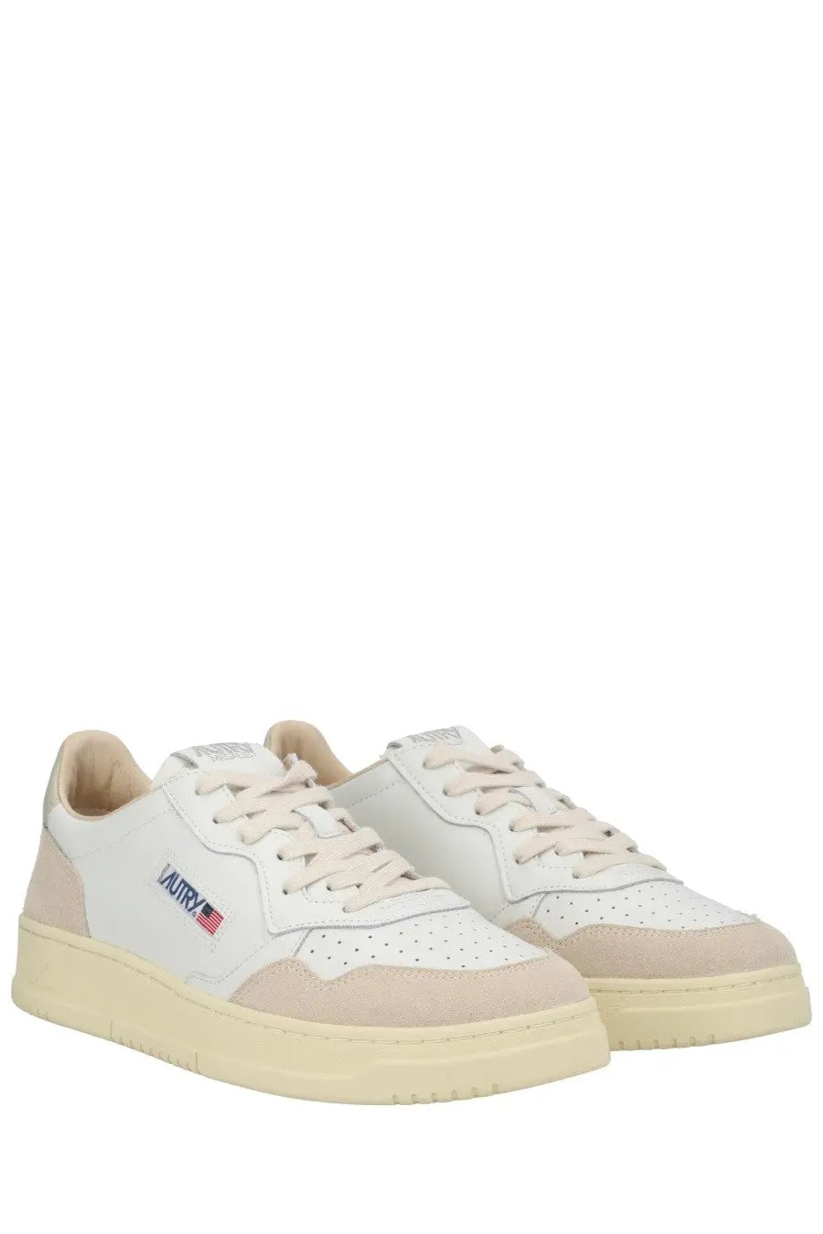 Autry men’s medalist low sneaker in white with beige suede and leather, perforated toe box, and embroidered vatry logo