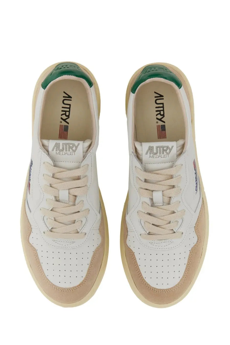 Autry men’s medalist low sneaker white featuring white and beige suede with green heel accents and perforated detailing