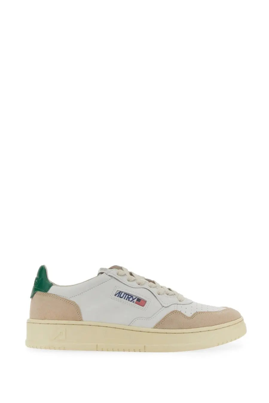 Autry men’s medalist low sneaker white in white and beige suede with green heel tab and mutry logo patch on the side