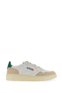 Autry men’s medalist low sneaker white in white and beige suede with green heel tab and mutry logo patch on the side