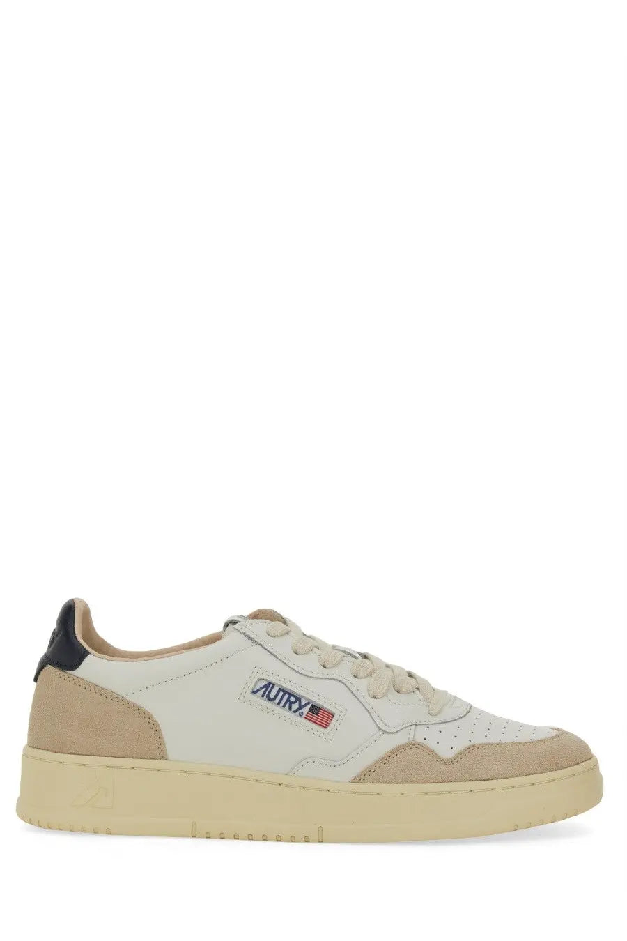 Autry men’s Medalist low sneaker in white and beige suede with black heel tab and autry logo patch on the side