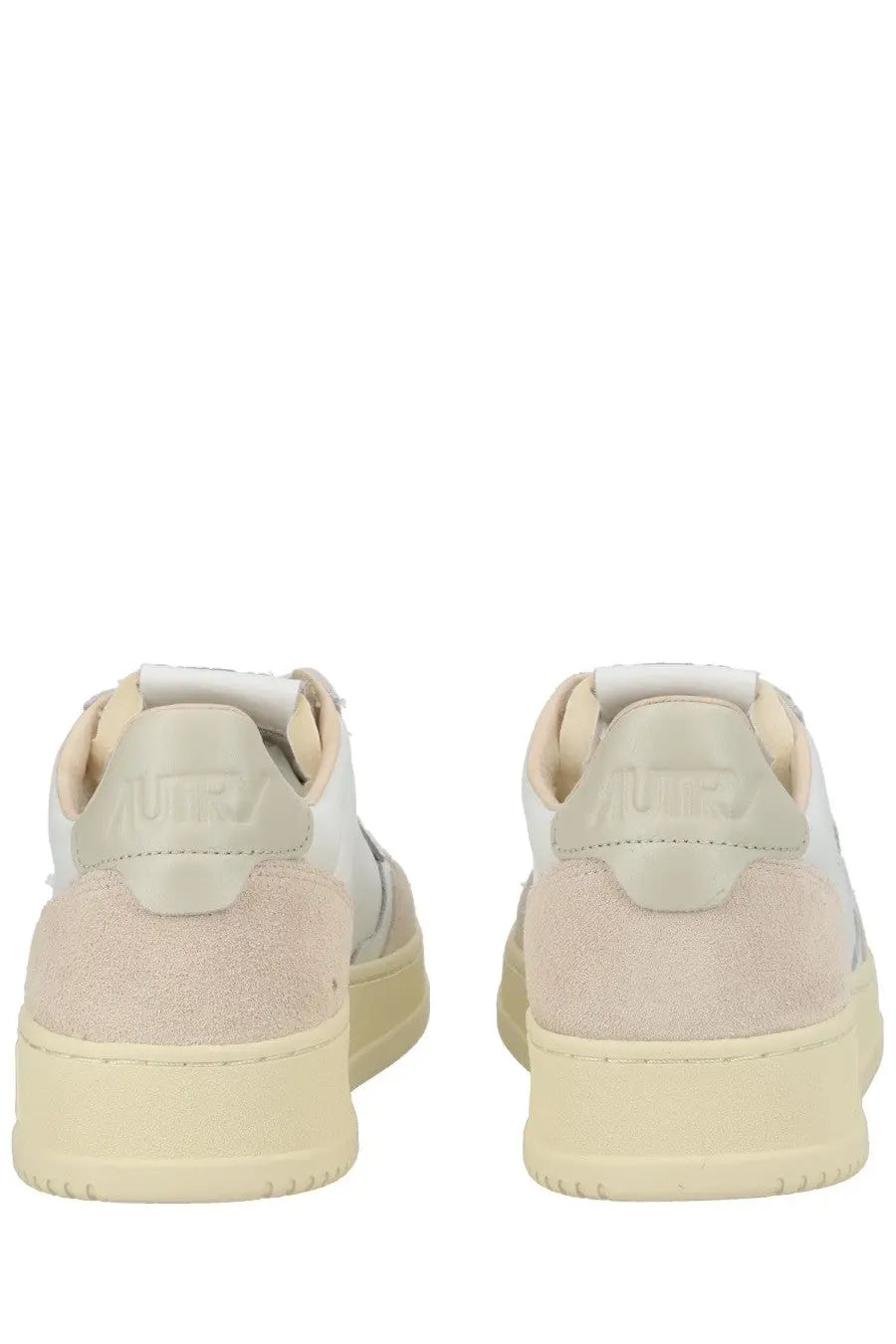Autry men’s medalist low sneaker white in cream suede and canvas with a minimalist design and subtle stitching details