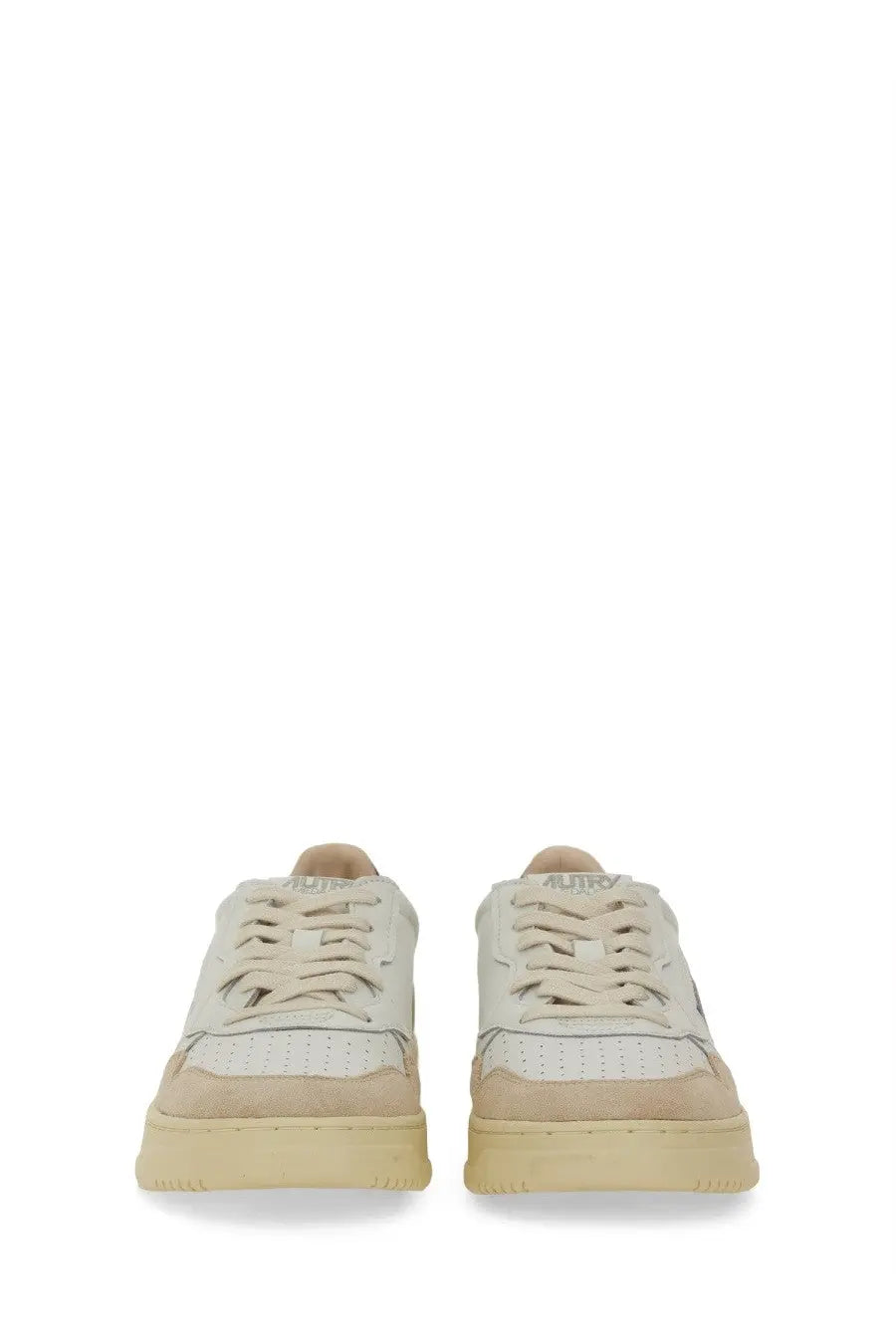 Autry men’s medalist low sneaker in cream-colored suede and leather with chunky rubber sole
