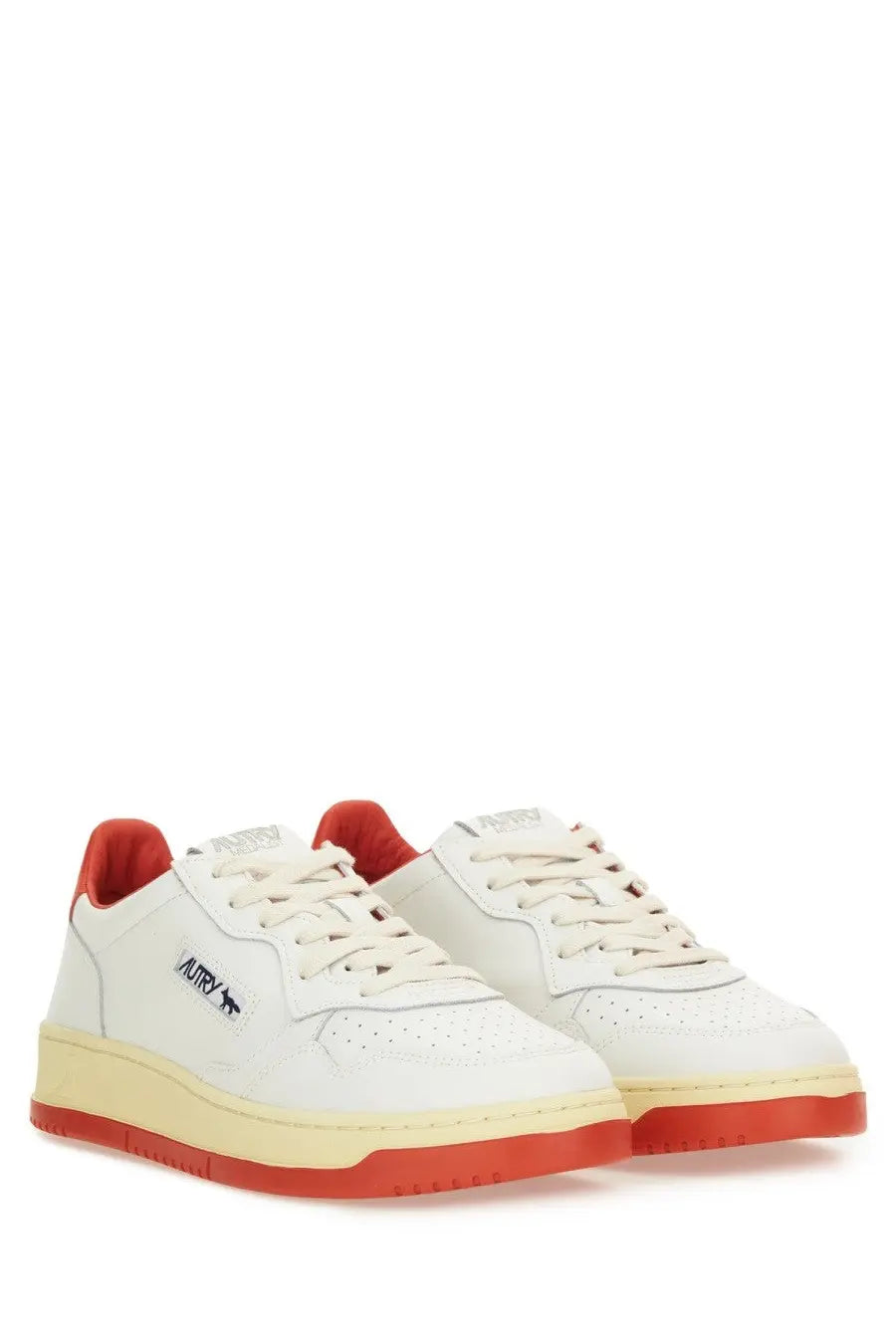 Autry men’s medalist low sneaker white leather with red heel and sole accents cream midsole and black branding