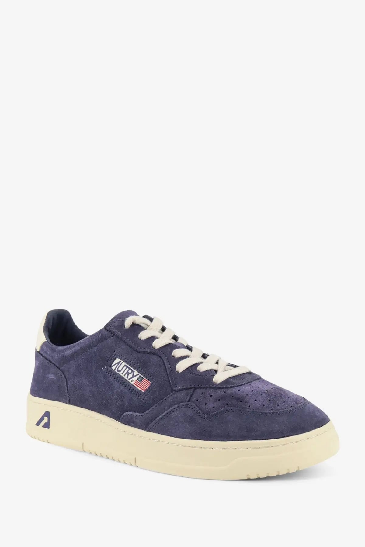 Autry men’s medalist low white navy blue suede sneaker with cream laces rubber sole and embroidered aurx logo on side